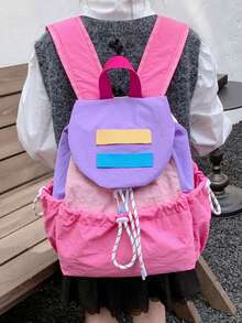 Ransel Unisex Bergaya Korea dengan Blok Warna Modis, Tas Sekolah Serut Bergaya untuk Siswa Sekolah Dasar, Ransel Siswa Kapasitas Besar Terbaru - Mawar merah muda - View 5