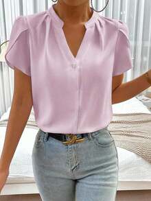 Blusa de trabajo con cuello en pico y mangas de pétalo de color blanco para mujer, blusas de manga corta - Morado - Ver 4