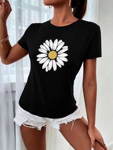 Camiseta de manga corta con estampado floral, camiseta informal con cuello redondo y estampado floral para mujer, camisetas gráficas para mujer - Negro - Ver 5