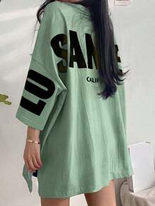 Camiseta holgada de manga larga con cuello redondo y estampado de letras para mujer, de estilo casual y suelto para el verano - verde menta - Ver 4