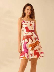 Vestido mini de verano informal estilo boho, con estampado animal de contraste tropical, para mujer - Multicolor - Ver 7