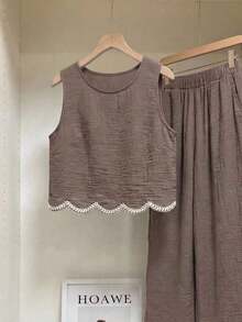 Frenchy Conjunto de 2 piezas de top sin mangas de cuello redondo a cuadros y pantalones para mujer - Óxido marrón - Ver 6