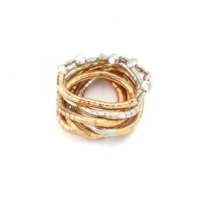 Bộ 6 vòng tay co giãn bằng hạt kim loại hình ống, xếp chồng lên nhau, màu vàng và bạc phối hợp, dành cho nữ.