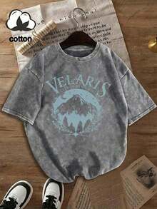 Velaris ACOTAR, Velaris City Of Starlight, Women's Black Washed Crew Neck Short Sleeve T-Shirt, Slim Fit, Punk Style, Versatile, Korean Style, Comfortable, Retro, Y2k Style, From The Washable Retro Series Of Pure Cotton T-Shirts, Makes It Easy To Create Retro Casual Wear. They Are Suitable For Daily Commutes, Leisure Outings, And Everyday Outfits. Classic Retro Style Women's Clothing - 灰色 - 查看 4