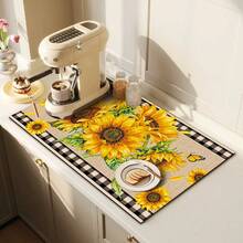 1pc Sunflower & Plaid Pattern Dish Drying Mat, Natural Farmhouse Style Absorbent Draining Pad, Suitable For Dining Table And Cafe, Multipurpose Drainage Mat, Home Gift, Desktop Decor - XYLSD-357 - View 3