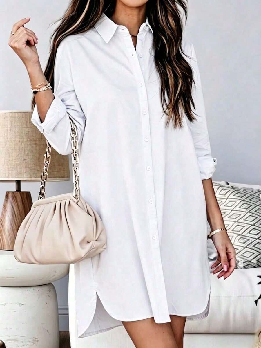 Camisa versátil de mujer de un solo pecho, de unicolor, holgada, con dobladillo alto y bajo, con bolsillo, para uso diario, color negro, primavera - Blanco - Ver 1