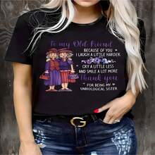 1 pieza clásica y versátil, camiseta de manga corta de algodón puro con mensaje para mujeres y dise?o de hermanas, estilo moderno - Negro - Ver 2