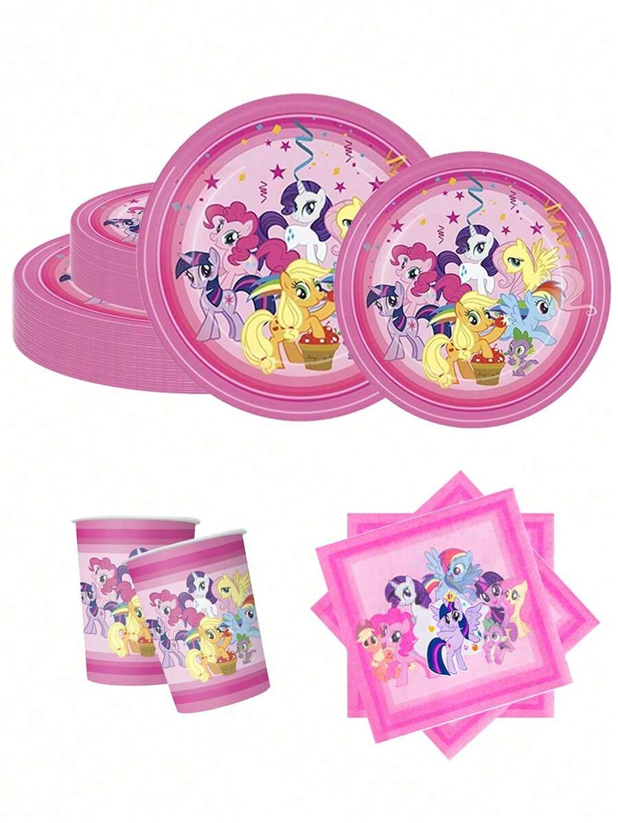 MY LITTLE PONY 我的小馬寶貝派對餐具套裝,包含10個紙杯、10個盤子、旗幟、派對帽,派對用品,生日慶典一次性節日派對裝飾,暮光閃閃、彩虹衝刺、碧琪派 - 彩色 - 查看 1