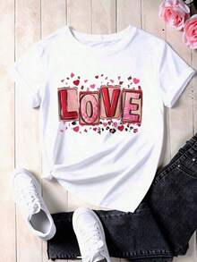 Women's Heart Print T-Shirt, Casual Style For Valentine's Day, With Red Hearts And Pink Design, Comfortable Short Sleeve T-Shirt, Suitable For All Seasons (Sizes S-XXXL) - Cute Gift For Couples, Romantic Clothing, Matching Sets For Couples - 白色 - 查看 2
