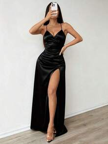 1 pieza Elegante y sexy vestido de satén de unicolor para fiesta con espalda descubierta, abertura alta asimétrica/asimétrica, lazo recortado, cordón y abertura en la espalda, adecuado para boda, fiesta de noche, gala formal, actuación en el escenario, baile de graduación, fiesta de cumpleaños, vacaciones, primavera/verano/otoño, color negro - Negro - Ver 3
