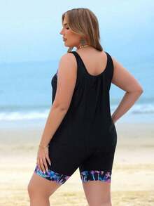 Swim Lushoire Tankini de verano de talla grande de unicolor con parches, sin mangas, minimalista, en parte superior e inferior - Negro - Ver 2