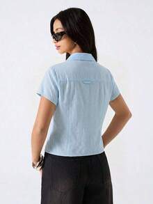 2026 Nueva llegada Minimalismo Primavera/Verano Moda casual para mujer Blusa de doble botonadura con cuello alto y manga corta/ Vacaciones de primavera /Cumpleaños para mujeres /Blusa para salir, Blusa amarilla - Azul - Ver 2