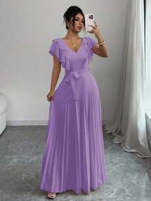 Vestido elegante y romántico de mujer con cuello en V, cintura con volantes y silueta en A - Púrpura malva - Ver 7