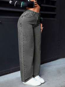 PETITE Jeans rectos de pierna suelta y lavados para mujer - Gris 2 - Ver 4
