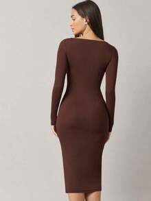 BASICS Vestido ajustado de cuello cuadrado unicolor - Café integral - Ver 2