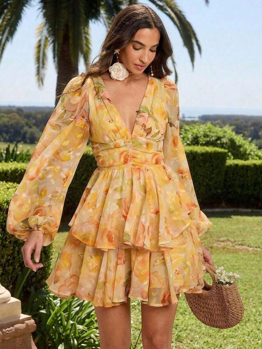 Vestido de verano elegante para mujer con mangas de linterna y estampado floral en todo el vestido - Albaricoque - Ver 1