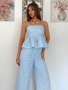 Conjunto de 2 piezas de top de tirantes y pantalones de estilo jacquard elegante para mujer, para verano - Celeste - Ver 5