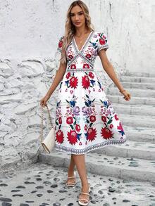 Clasi Vestido de mujer elegante de verano con cuello en V, estampado de flores colocado, bolsillos dobles en la cintura, silueta evasé, adecuado para diversas ocasiones: playa, viajes, uso diario, casa, etc. - Rojo y blanco - Ver 5