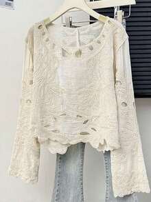JIANHU Blusa de encaje de manga larga de verano para mujer - Blusa de estilo bohemio con detalles delicados calados y bajo acampanado, casual y elegante, adecuada para paseos por la ciudad, escapadas de fin de semana y citas| Ligera y transpirable - Albaricoque - Ver 1