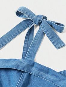 Vestido de mezclilla informal sin mangas con lazo en los hombros para mujer - Azul lavado medio - Ver 3