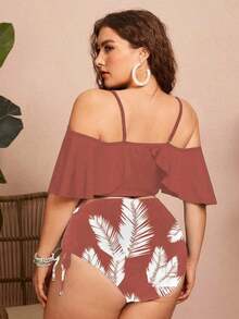 Swim Chiccia Conjunto de 2 piezas de bikini de talla grande para mujer de unicolor con tirantes de espagueti, hombros descubiertos, volantes y cordón - Elegante y estiloso para vacaciones informales - Multicolor - Ver 3
