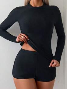 Swim Lushoire Rashguard de manga larga modesto de unicolor para playa de verano y pantalones cortos de natación - Negro - Ver 1