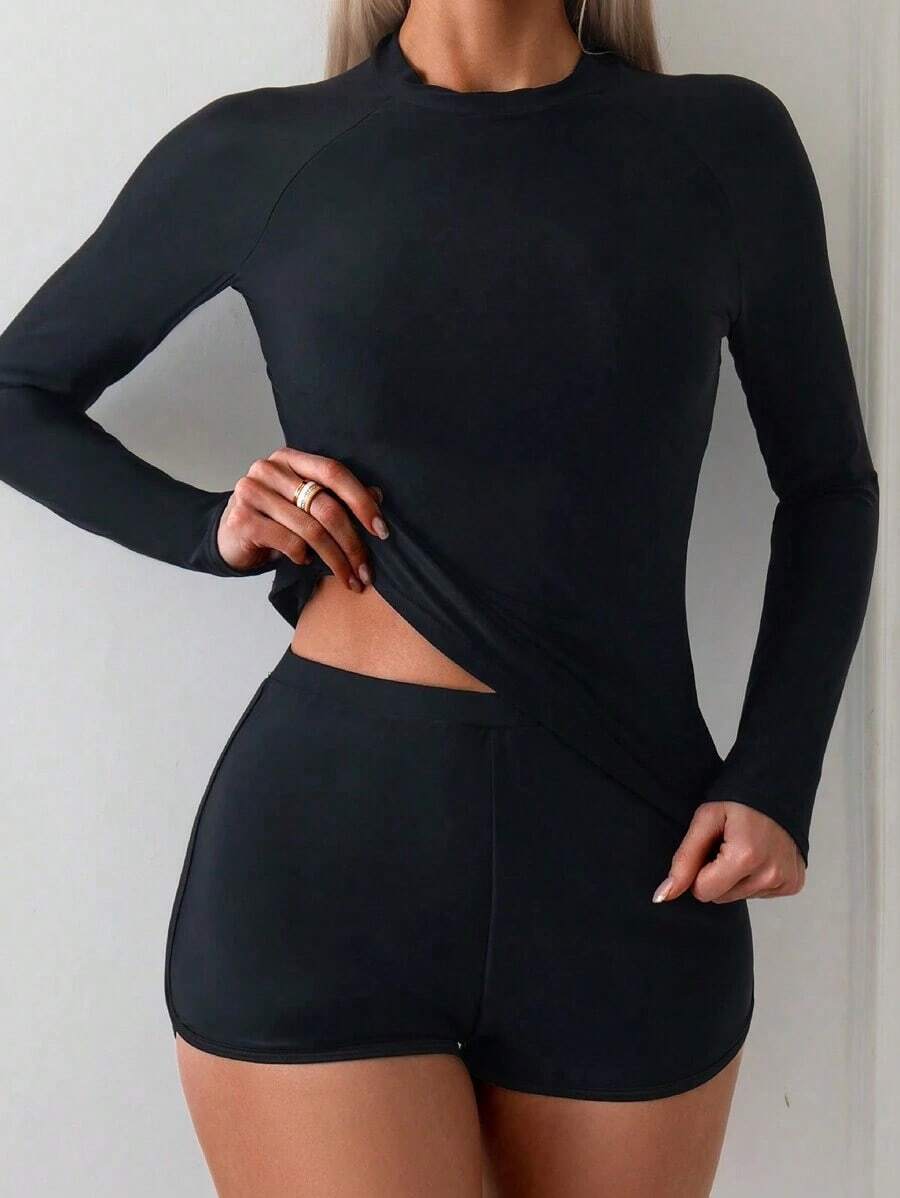 Swim Lushoire Rashguard de manga larga modesto de unicolor para playa de verano y pantalones cortos de natación - Negro - Ver 1