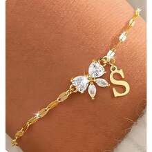 Nuevo brazalete de mariposa con circonita y letra, brazalete de 26 letras creativo y delicado, joyería de lujo para mujer - oro - Ver 25