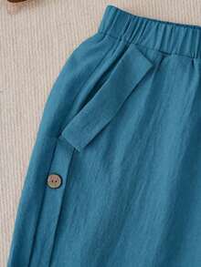 Pantalones casuales de mujer con decoración de botones y bolsillos en diagonal - Azul lavado medio - Ver 7