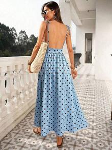 Vestido de playa para mujer con cuello en V, espalda descubierta, cintura ceñida y bajo suelto - Azul - Ver 6