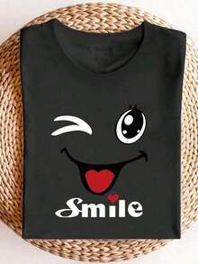 Women's White Short-Sleeved T-Shirt With Round Neck And Cartoon Print, Graphic Tee, Suitable For Summer, Autumn And Winter Outfits. - 黑色 - 查看 6