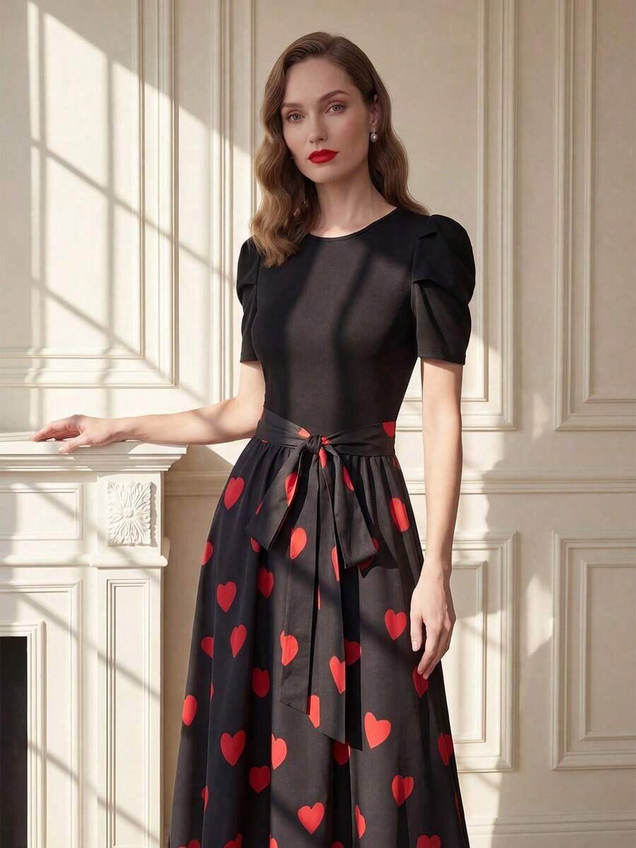 Vestido de verano de longitud media con estampado floral elegante y patchwork para mujer - Rojo y negro - Ver 1
