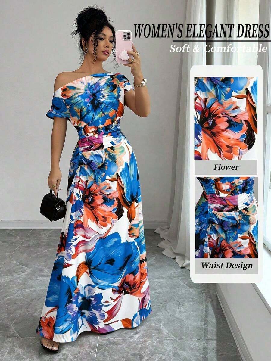 Vestido largo asimétrico con volantes en los hombros y la cintura, estampado floral, elegante y minimalista, adecuado para ir al trabajo, Año Nuevo, ropa de calle, estilo romántico francés, casual, retro de Oriente Medio, té de la tarde, fiesta, Acción de Gracias, vuelta al colegio, primavera/verano - Negro - Ver 1