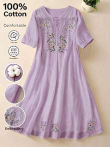 Vestido largo midi casual y elegante de verano para mujer, con estilo vintage bohemio, manga corta, cuello en V, bordados y botones, corte evasé en color blanco - Morado - Ver 12