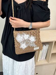 Summer Fashion Versatile Casual Handwoven Large Capacity Beach Straw Crossbody Bag - Khaki - View 5