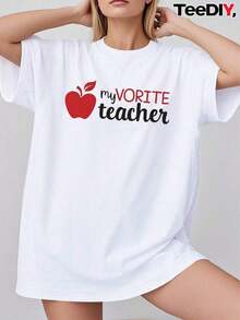 Camiseta de algodón 100% para mujer, corte holgado, con estampado de manzanas y la frase "Mi Maestra Favorita" - Ropa casual de manga corta con cuello redondo, ideal como regalo para maestras, ajuste cómodo para todas las estaciones, con diseño de manzanas rojas y letras negras, camiseta de talla grande para maestras, ropa para empleados, vestuario para educadores, camiseta divertida para maestras, tela de ajuste cómodo, material transpirable, exclusiva para maestras y personal femenino. - Blanco - Ver 6