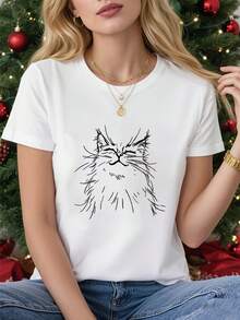 Simple And Versatile Design T-Shirt, With A Curious Cat Print, White Short-Sleeved T-Shirt With A Round Neck, Machine Washable, Casual Style, Comfortable Fit, Modern Design, Versatile For Everyday Use, Soft Fabric, Modern Style, Cotton T-Shirt. - White - View 7