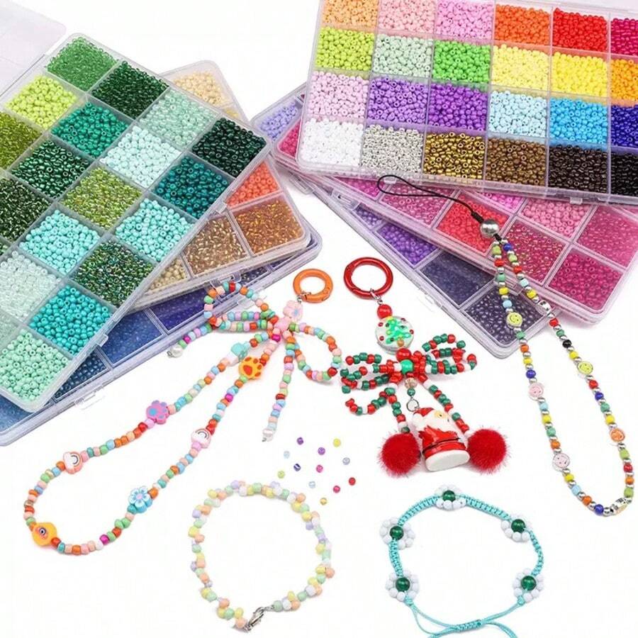 Caja de 24 ranuras, paquete de material de cuentas de 3 mm, set de 7200 piezas de cuentas de vidrio, adecuado para la fabricación de joyas, manualidades, elaboración de pulseras, kit de combinación DIY para hacer collares y accesorios hechos a mano - talón - Ver 1