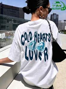 Camiseta de manga corta para mujer con estampado de cerezas y texto "COLD HEARTS LOVER" en la espalda, cuello redondo, tejido de poliéster, ideal para uso diario, salidas casuales y fines de semana, estilo casual, temporada primavera-verano, Envío nacional a México. - Blanco - Ver 1