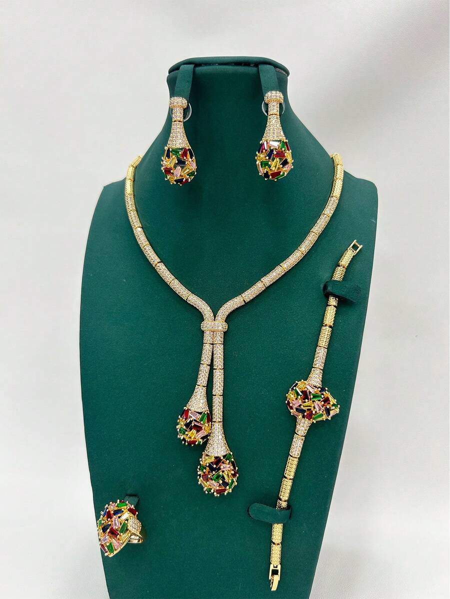4pcs Rainbow Color Jewelry Set Suitable For Middle East Gala Parties, Popular Gold Necklace Set For Banquet, Daily Date, Formal Dress, Wedding Gown, Featuring Colorful Plated Chain, Teardrop Artificial Zirconia, Luxury Jewelry Set Including Necklace, Earrings, Ring, Bracelet, Sparkling Zirconia 5pcs Set, Necklace, Earrings, Ring, Bracelet, Suitable As Gift For Girlfriend, Mother, Teacher