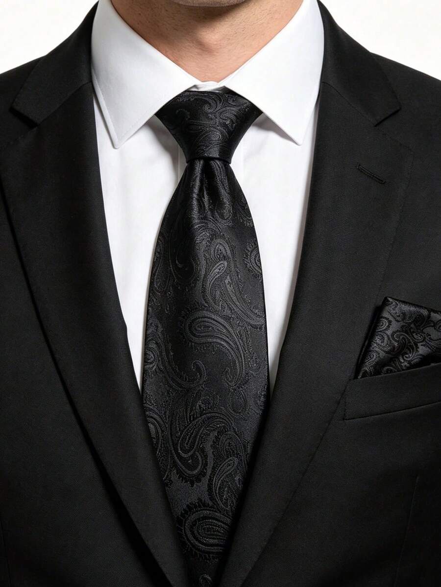Set Dasi Pria, Set Dasi dan Sapu Tangan Saku Klasik dan Modis, Cocok untuk Pernikahan, Bisnis, dan Acara Perjamuan. - Hitam - View 1