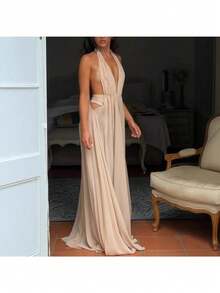 Women's 2026 Summer Corset Party Dress, Luxury Sexy V-Neck Backless Pleated Long - Apricot - View 4