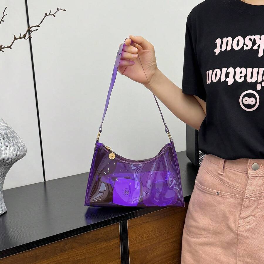 女士时尚果冻透明单肩包，新款PVC法棍包