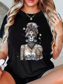 Camiseta con Estampado de "Wo Mom Zombie" - Estilo Gótico de Terror con Texto "MOM Zombies" - Ropa Gótica Oscura para Halloween, Atuendo Único para el Día a Día - Camiseta Ligera de Cuello Redondo Estilo Wo - Ideal para Fiestas de Temática Zombie y Uso Casual Diario, Camiseta de Temática de Halloween. - Negro - Ver 1