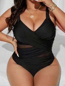 Swim  Traje de baño de una pieza de corte slim, con parches de malla de dos tonos y cruzados, para mujer de talla grande.Ideal para el verano y las vacaciones en la playa. - Negro - Ver 4