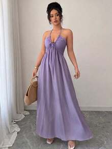 Vestido con cuello halter, espalda anudada y diseño calado acampanado - Morado 2 - Ver 4
