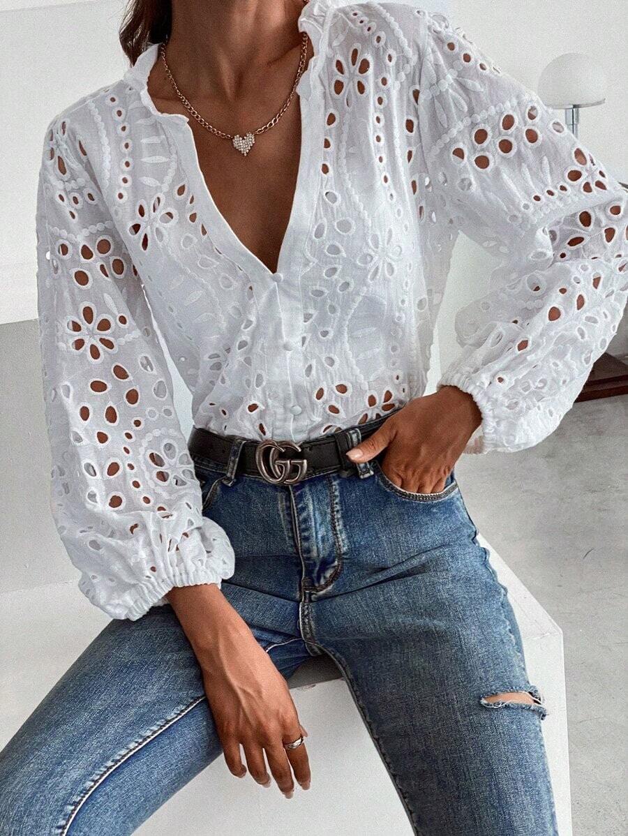 Camisa de mujer de unicolor con cuello Mao, versátil y casual para uso diario - Blanco - Ver 1