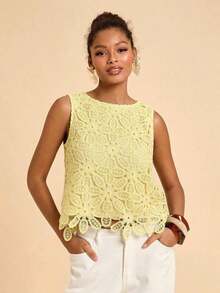 Blusa casual de mujer de cuello redondo sin mangas de color marrón, ideal para vacaciones, verano, primavera, fiestas, playa, San Valentín, disfraz de carnaval, elegante, floral, carnaval, de primavera a verano, fiesta, invitada de boda, cumpleaños, estilo mexicano bohemio para mujer - Amarillo claro - Ver 3
