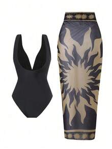 Swim Oasis Set de 2 piezas que incluye 1 traje de baño entero de un solo color y 1 falda larga de malla para playa, verano y vacaciones - Negro - View 2