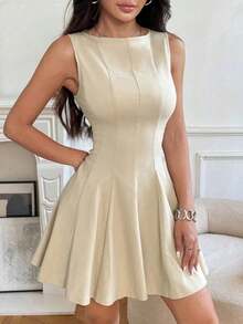 Vestido diario sin mangas de unicolor y sencillo para mujer - Caqui - Ver 6
